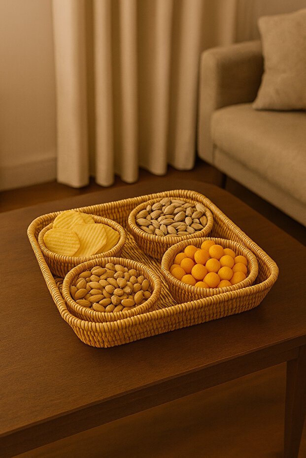Rattan Wicker Presentation Basket Set – Snack Bowl, Chip Bowl, Beverage and Snack Serving Organizer
