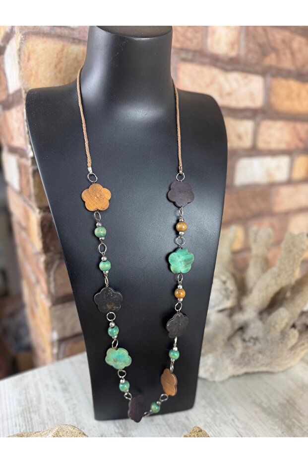 Ahşap çiçekli uzun renkli kolye - 2