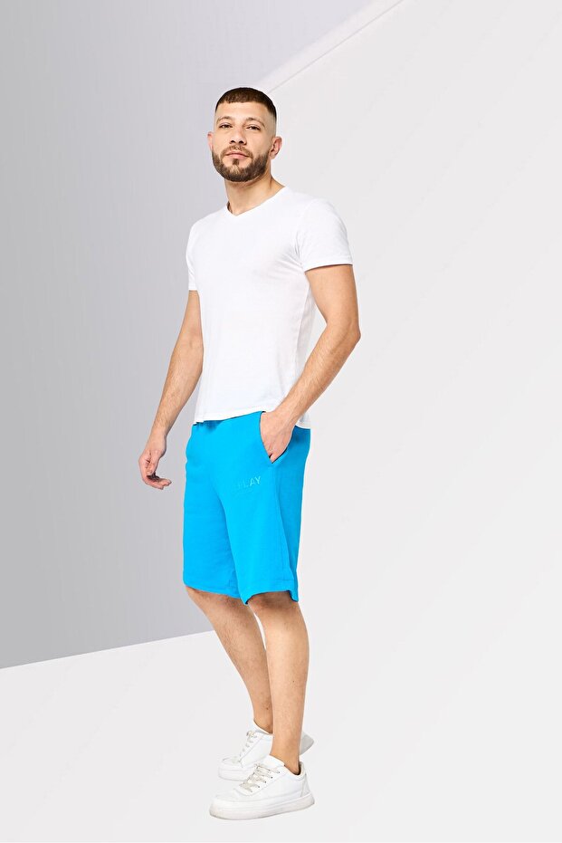 Men Drawstring Brand Logo Basic Shorts, Blue - 2