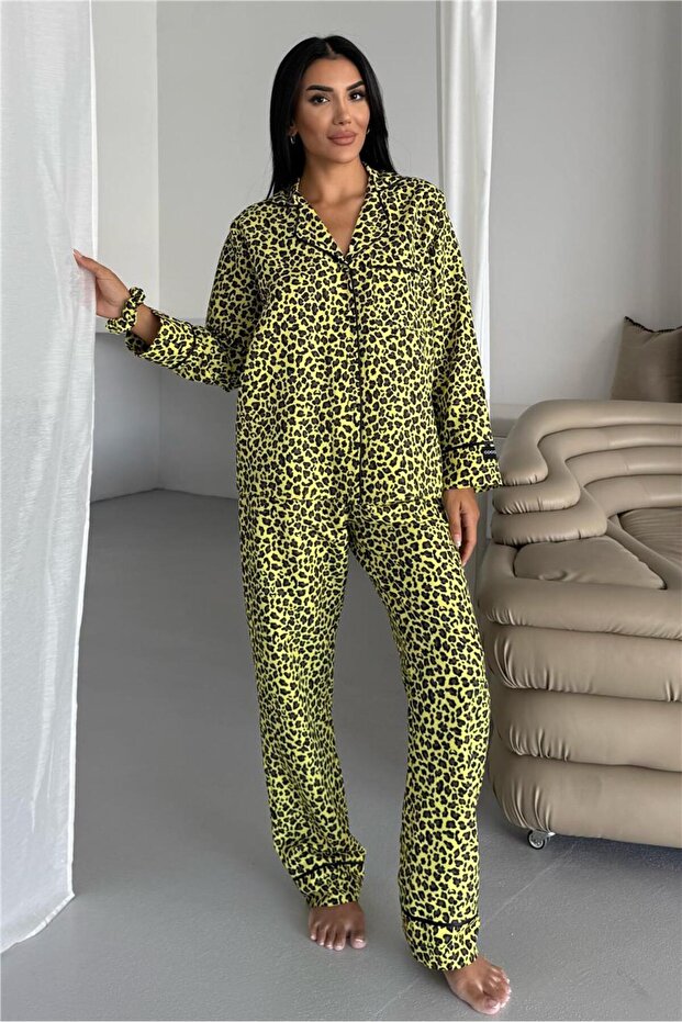 Leopar Selvaggio Sarı Uzun Pijama Takımı - 1