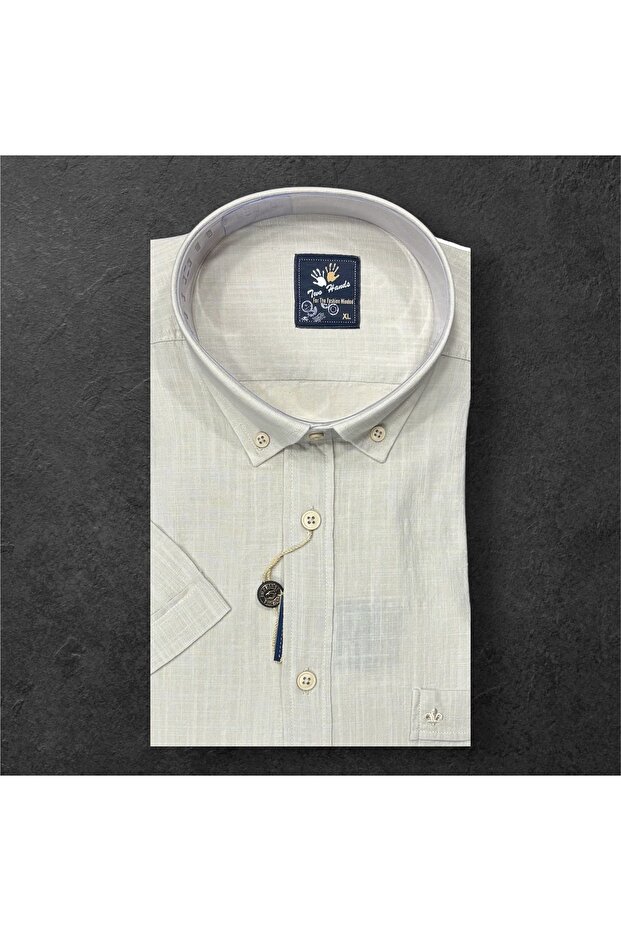 Two Hands Men's Classic Relaxed Fit Short Sleeve Single Pocket Woven Linen Shirt 0209