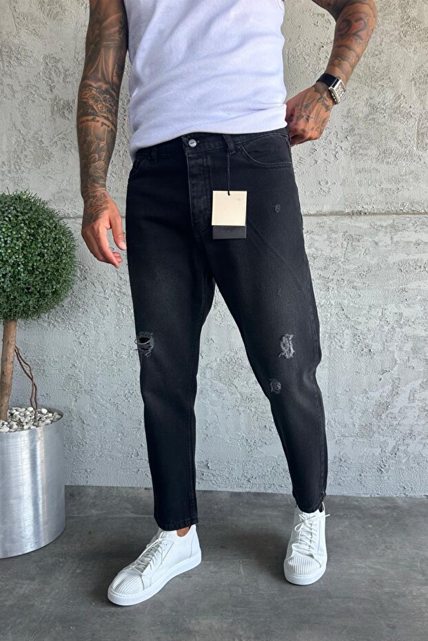 Denim Fabric Black Boyfriend Fit Ripped Detailed Men's Jean Trousers Ke-381