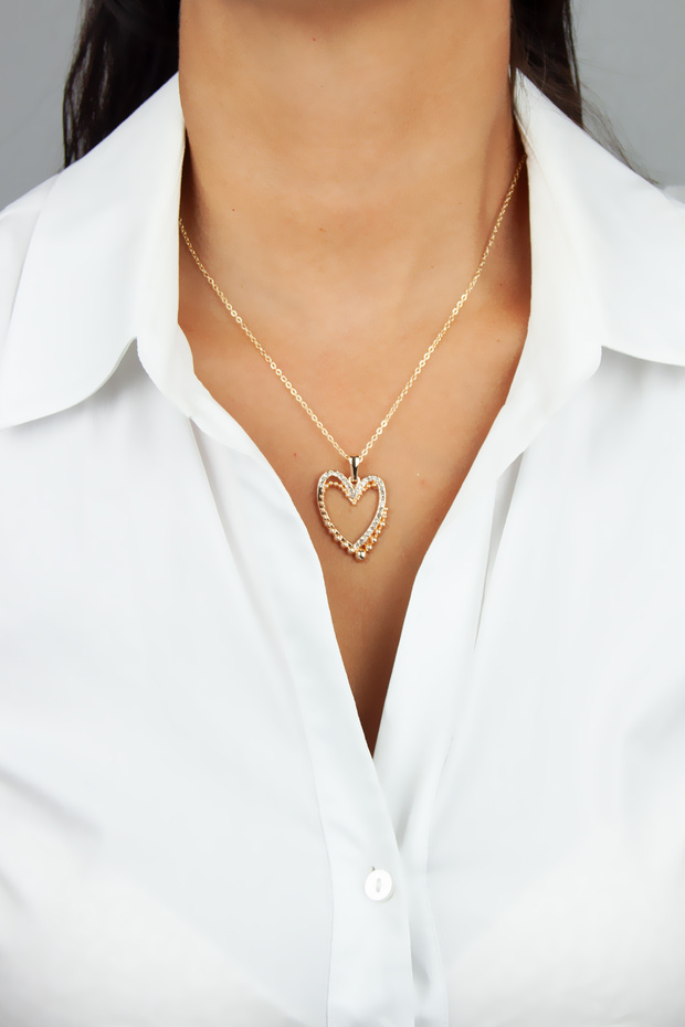 Zircon Stone Heart End Thin Chain Gold Necklace