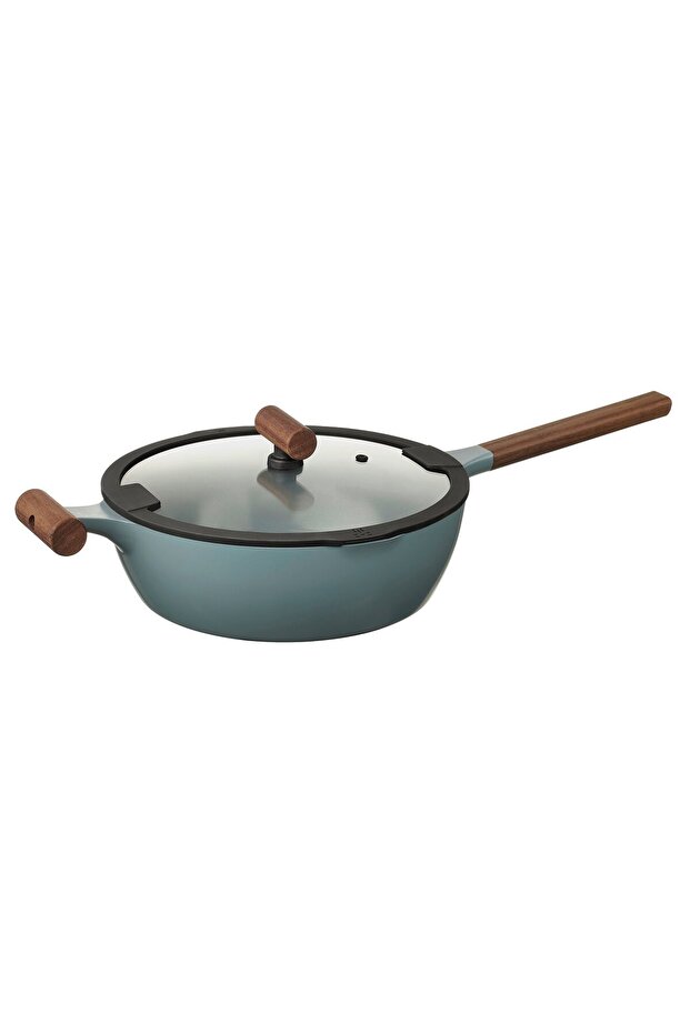 KLIPPFISK Sauté pan with lid, non-stick coating, grey-turquoise, 28 cm