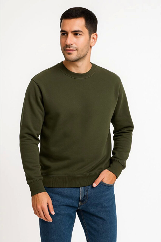 Men's Three Thread Plain Crew Neck Sweatshirt - Khaki