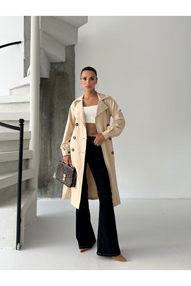 Relaxed Fit Long Seasonal Trench Coat with Binding Detail # 5853