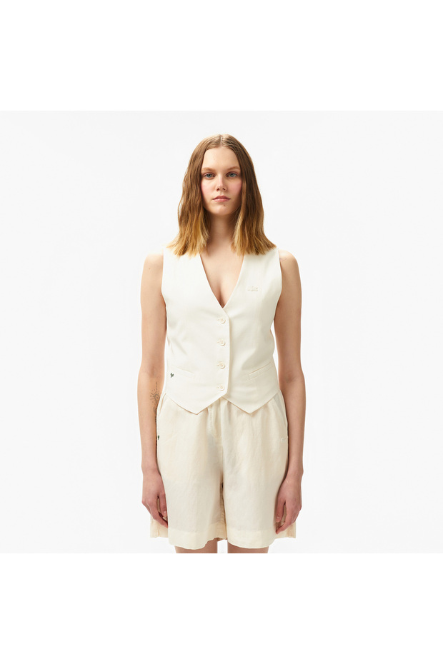 Kadın Slim Fit Kolsuz V Yaka Beyaz Yelek - 1