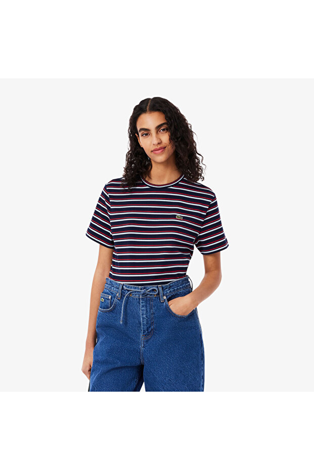 Kadın Regular Fit Bisiklet Yaka Çizgili Lacivert T-Shirt - 1