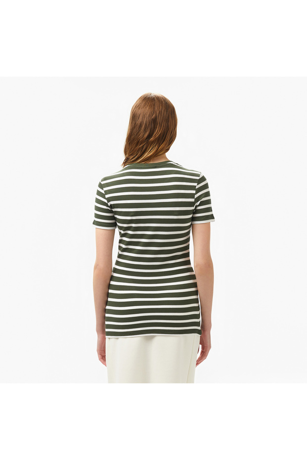 Kadın Slim Fit Bisiklet Yaka Çizgili Koyu Yeşil T-Shirt - 2