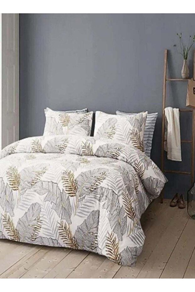 Queen size Elegant leaves duvet cover set, white with gray