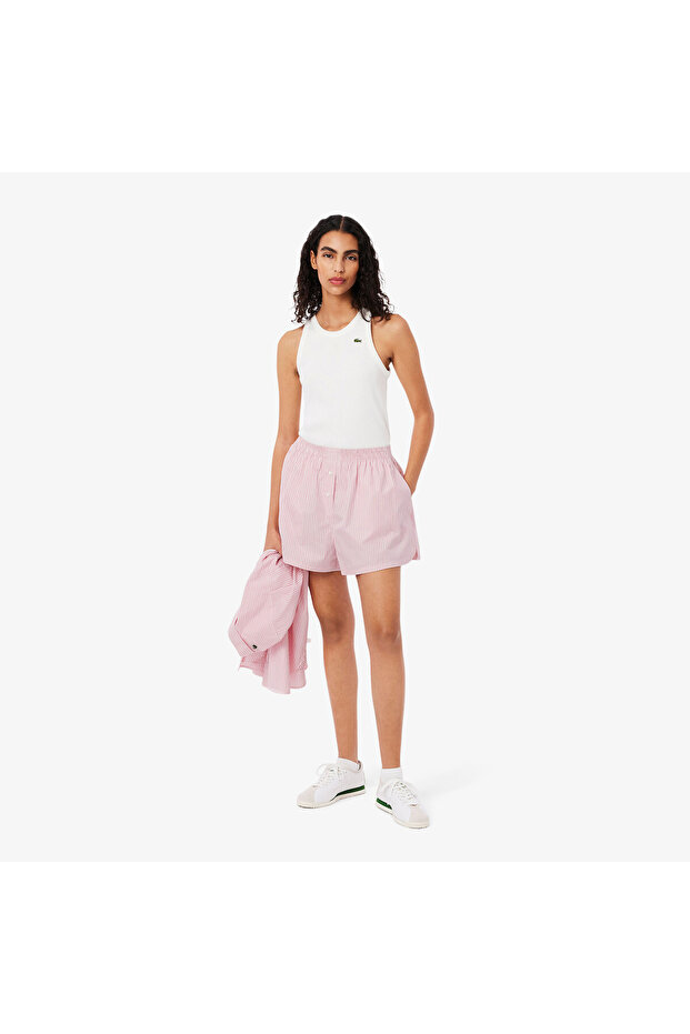 Kadın Loose Fit Çizgili Pembe Şort - 1