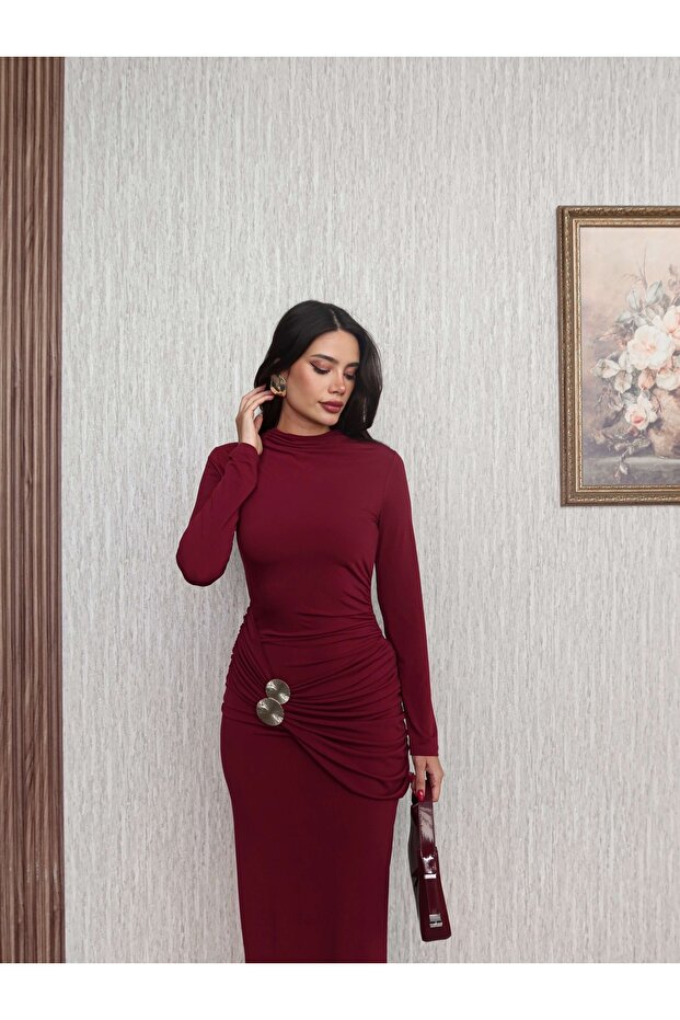 Uzun Kol Aksesuar Drapeli Maxi Elbise - 2