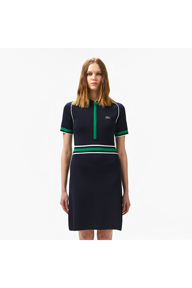 Kadın Classic Fit Kısa Kollu Polo Yaka Renk Bloklu Lacivert Elbise - 3