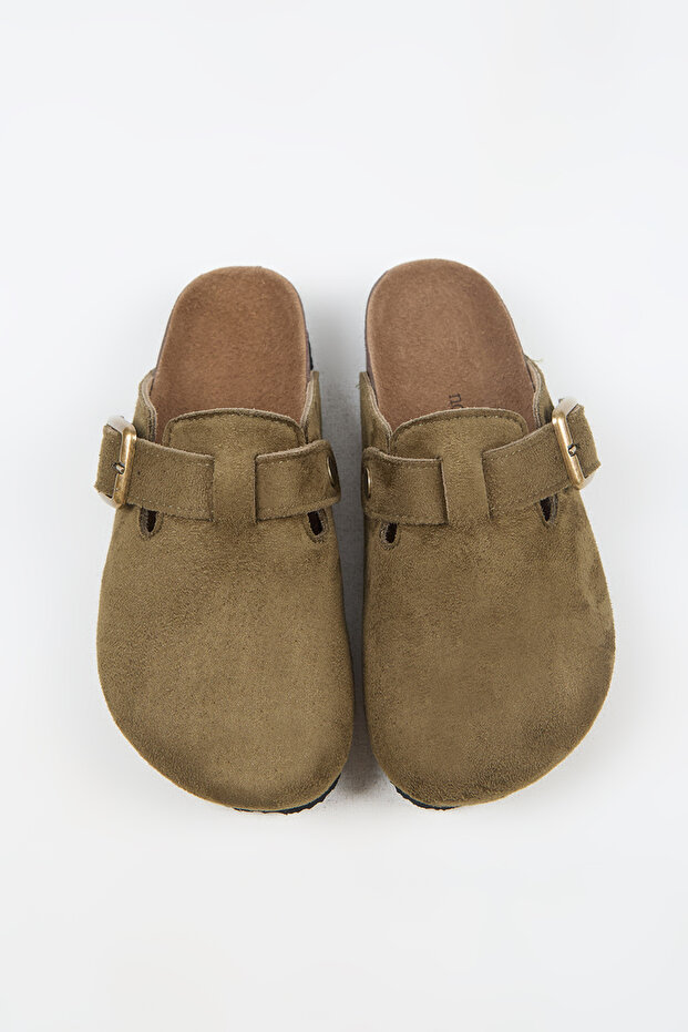 Nomiento Cancun Women's Vegan Leather Buckle Khaki Sabo Slippers