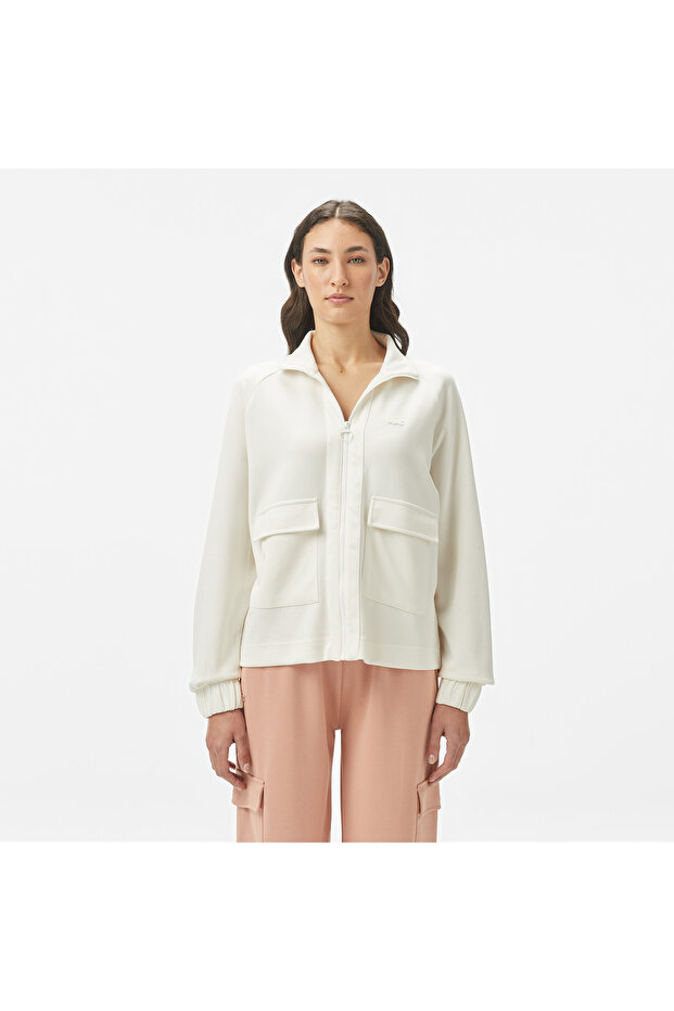 Kadın Loose Fit Fermuarlı Beyaz Sweatshirt - 1