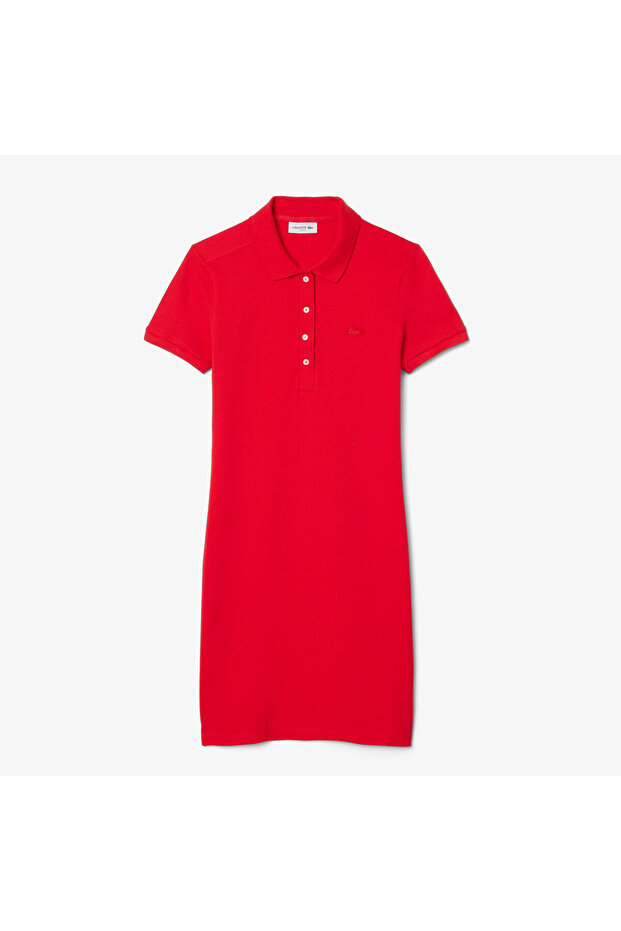 Kadın Slim Fit Kısa Kollu Polo Yaka Kırmızı Elbise - 4