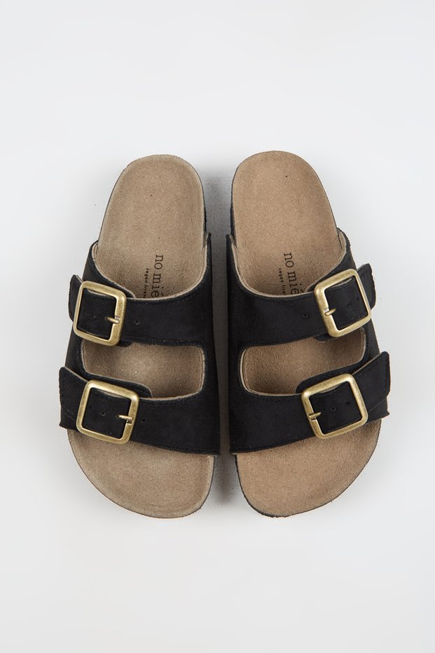 Nomiento Riva Women's Vegan Leather Double Buckle Black Slippers