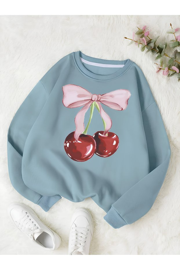 Unisex Women/Men Cherries Custom Printed Colorful Oversize Crew Neck Cotton Sweatshirt