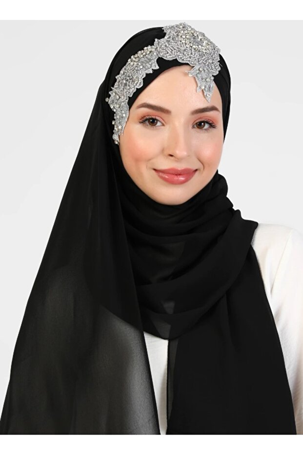 Flora El İşlemesi Şifon Şal - Siyah - 1