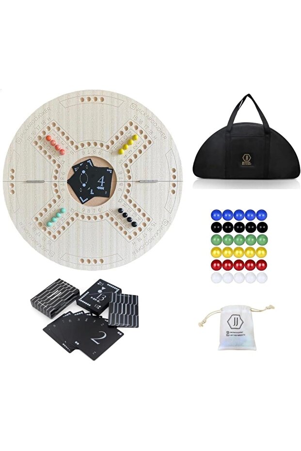 Jakaroo Wooden Board Game for 4 Players, Beige, Foldable, with Black Cards and Marbles