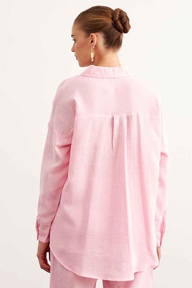 Önü Düğmeli Tek Cepli Oversize Gömlek PUDRA - 4