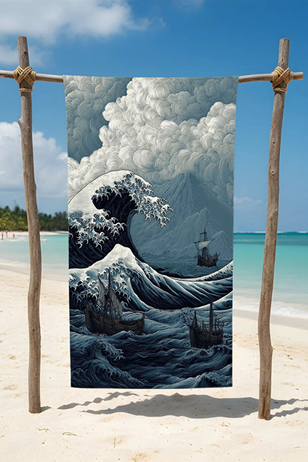 منشفة شاطئ قطنية – تصميم العاصفة – 75x150 سم