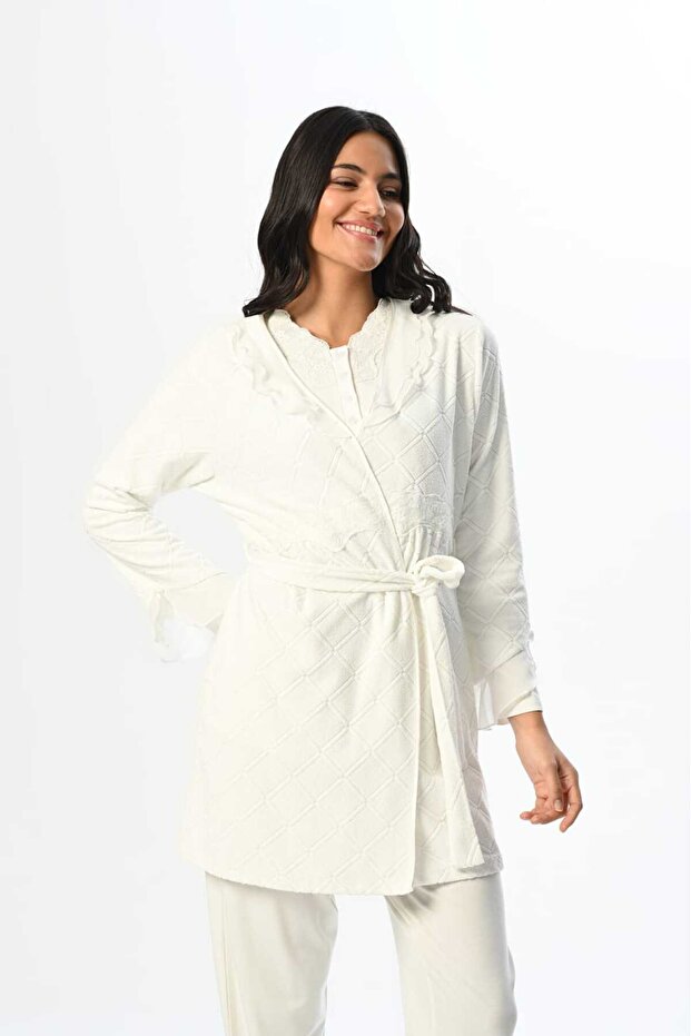 Women's Ecru Jacquard Lace Winter Special Design Maternity Maternity Dressing Gown Pajama Set