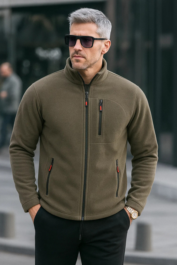 Men's Zippered Winter Loose Khaki Fleece Jacket