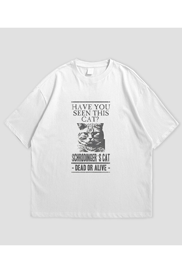 Schrödinger's Cat Printed White Oversize T-Shirt Unisex 100% Cotton Crew Neck T-Shirt