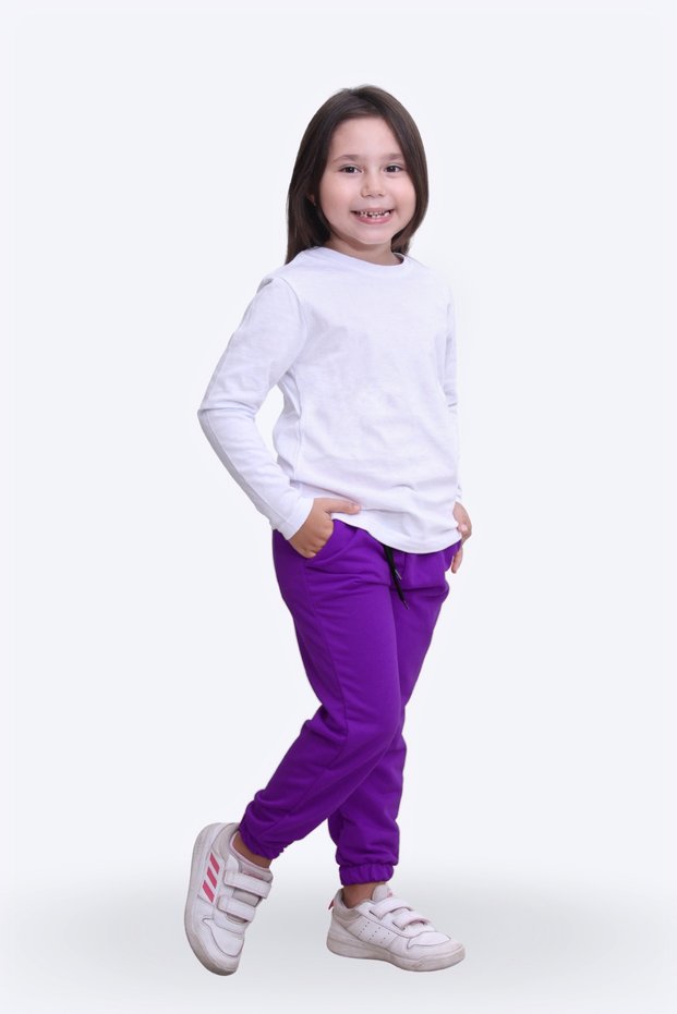 Round Neck, Solid, Printless Girl's Bottom-Up Pajama Set with Elastic Waist