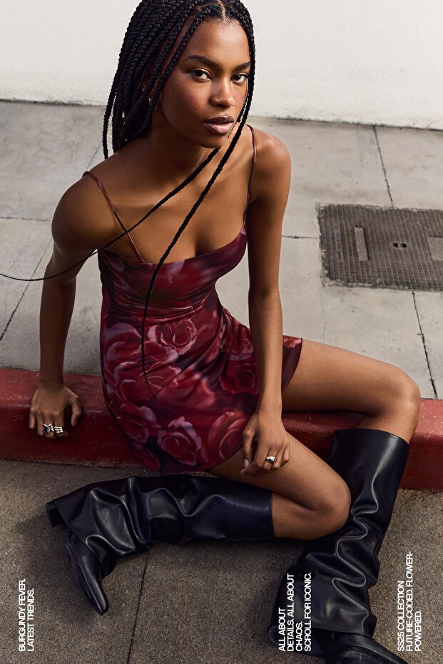 Desenli mini elbise - 5