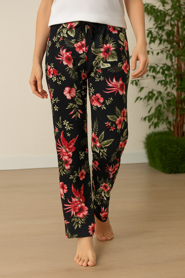 Siyah Çiçek Desenli Tek Alt Pijama - 1