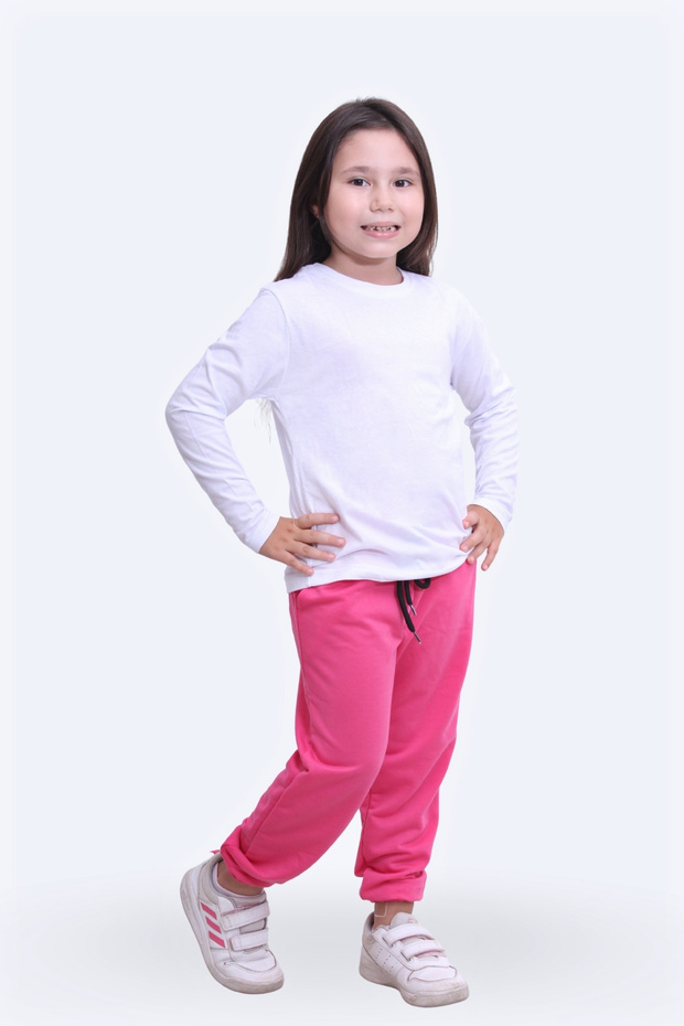 Round Neck, Solid, Printless Girl's Bottom-Up Pajama Set with Elastic Waist