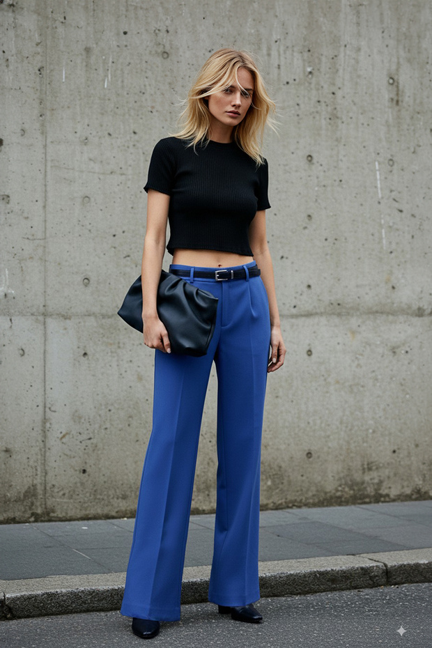 Mavi Yüksek Bel Wide Leg/Geniş Paça Pilili Dokuma Kumaş Pantolon TWOAW21PL0076 - 1