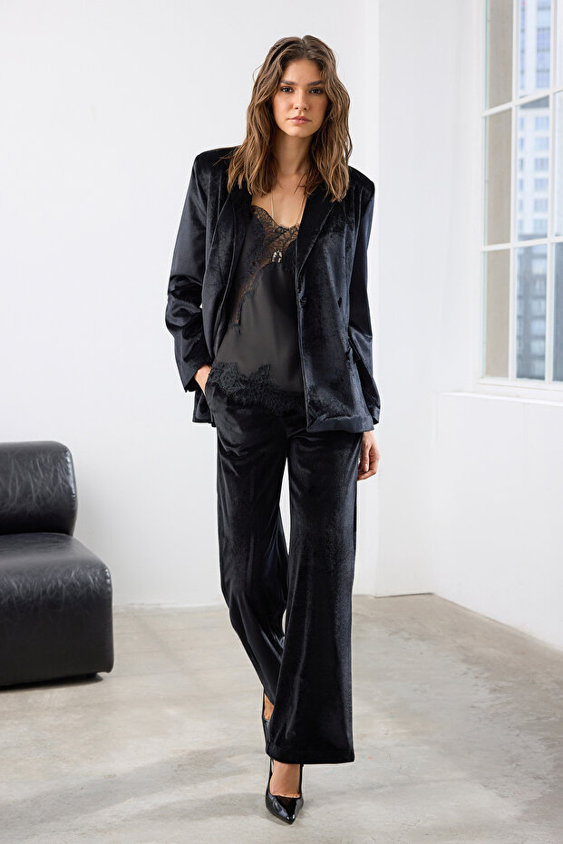 Siyah Kadife Wide Leg/Geniş Paça Pantolon TWOAW26PL00055 - 2