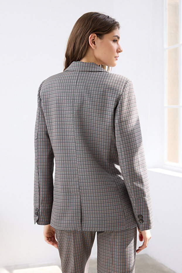 Kahverengi Kazayağı Desenli Regular/Normal Kalıp Dokuma Blazer Ceket TWOAW26BC00016 - 4