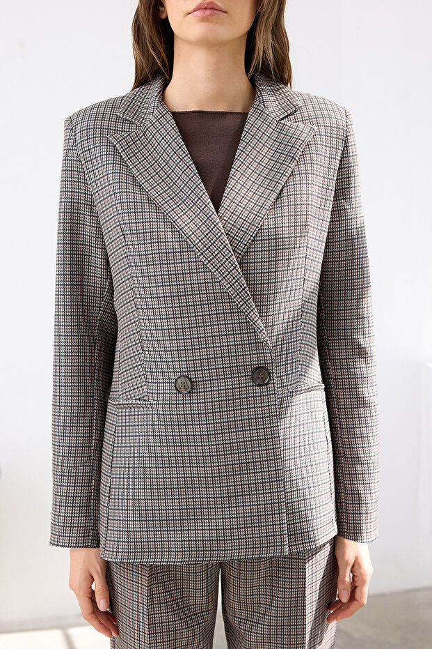 Kahverengi Kazayağı Desenli Regular/Normal Kalıp Dokuma Blazer Ceket TWOAW26BC00016 - 3