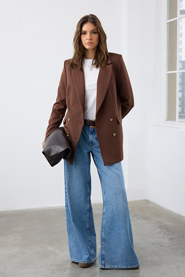 Kahverengi Oversize Astarlı Düğmeli Dokuma Blazer Ceket TWOAW22CE0167 - 1