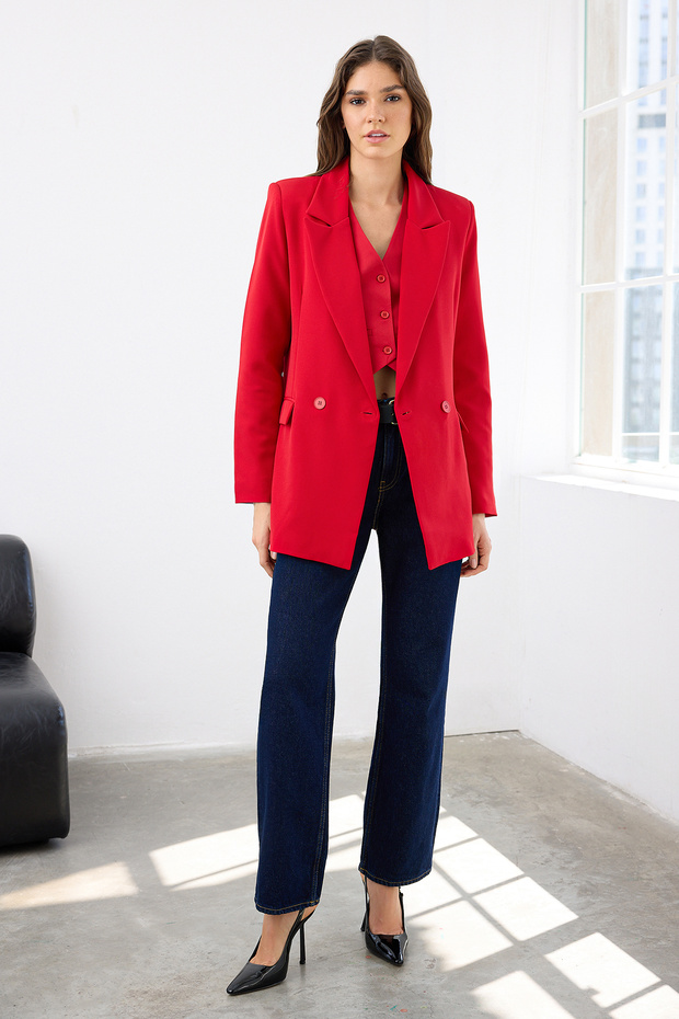 Kırmızı Regular Astarlı Kruvaze Kapama Dokuma Blazer Ceket TWOSS20CE0059 - 2