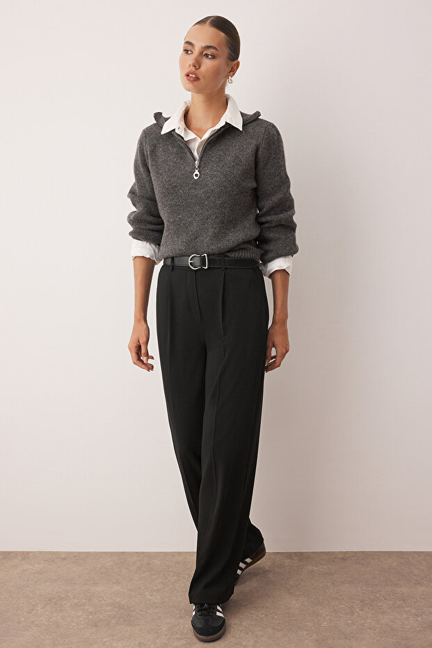 Siyah Palazzo/Extra Geniş Paça Dokuma Kumaş Pantolon TWOSS23PL00062 - 2