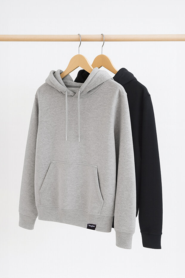 Siyah-Gri Melanj 2'li Paket Kapüşonlu Regular Kesim İçi Polarlı Sweatshirt TMNAW24SW00000 - 2