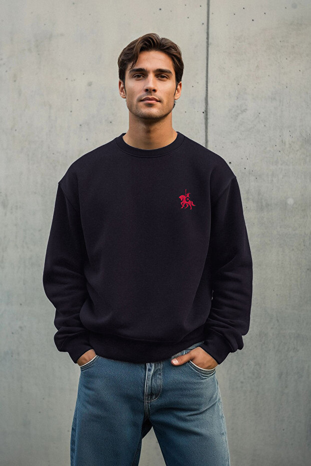 Lacivert Oversize/Geniş Kesim Uzun Kol At Nakışlı Sweatshirt TMNAW24SW00164 - 5