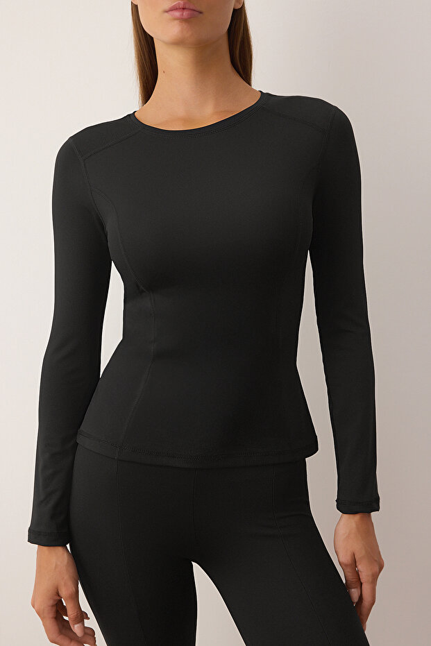 Siyah Dikiş Detaylı Dalgıç/Scuba Kumaş Spor Örme Üst/Bluz THMAW26BZ00004 - 3