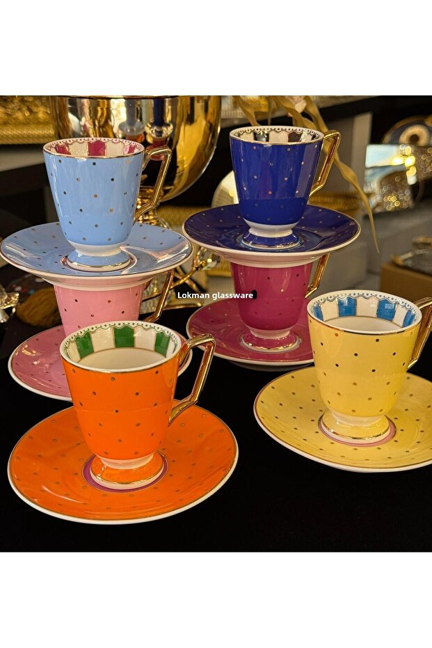 Colorful Coffee Cup Set for 6 People with Footed Dots, 90 ml