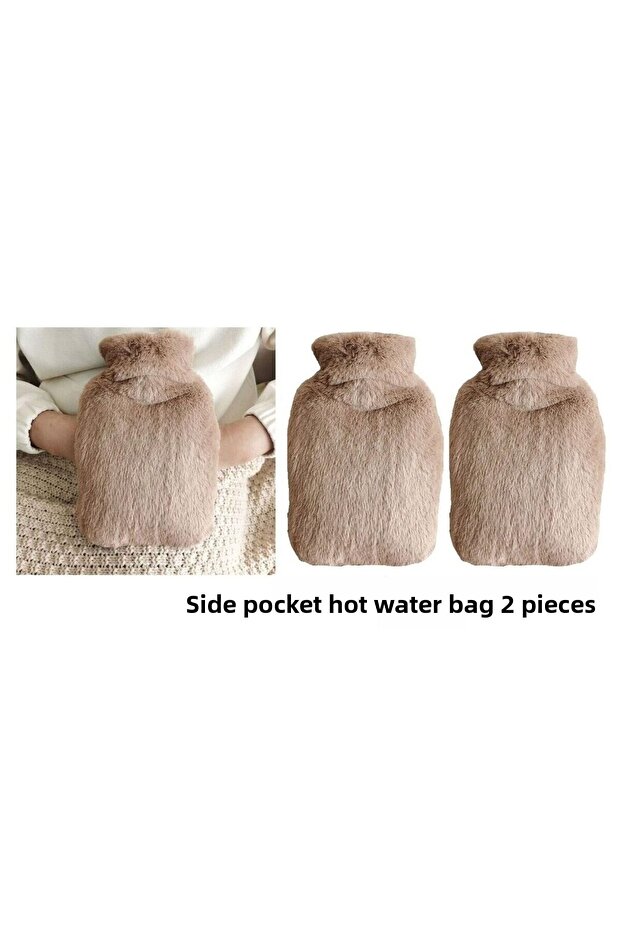 2 Pcs Hot Water Bag with Side Pocket Beige Plush Warm Compress 27X17X2Cm 1 Liter