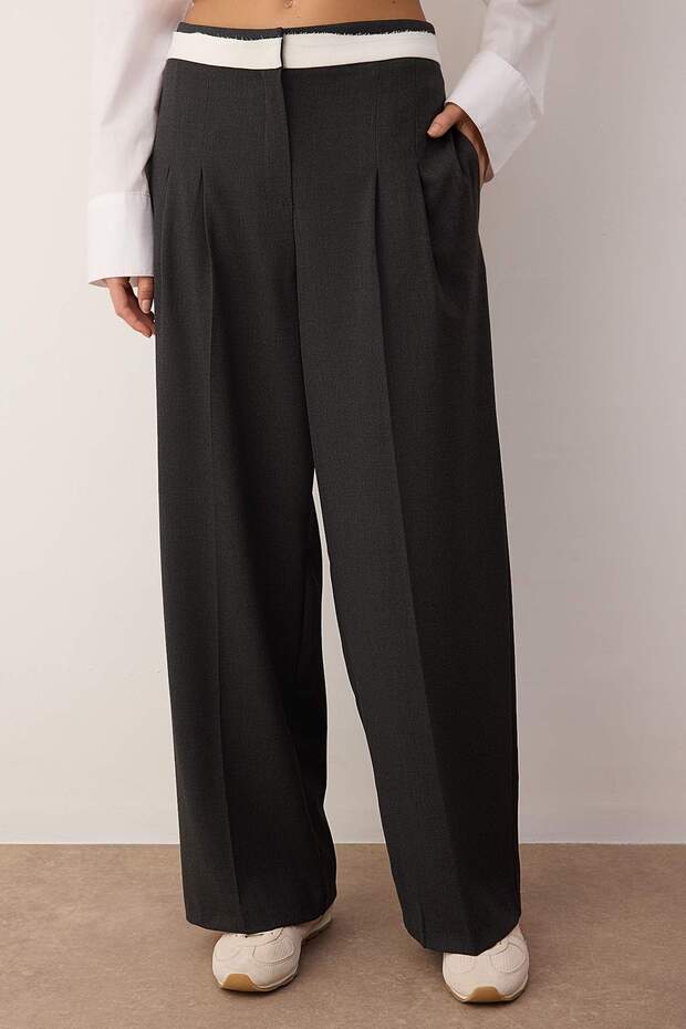 Antrasit Bel Ek Kumaş Detaylı Wide Leg/Geniş Paça Kumaş Pantolon TWOAW26PL00048 - 5