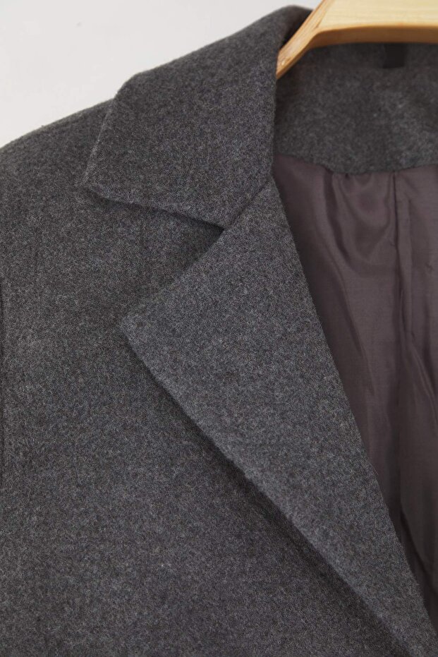 Antrasit Bağlama Detaylı Kısa Kaşe Dokuma Yünlü Blazer Ceket TWOAW26BC00017 - 7