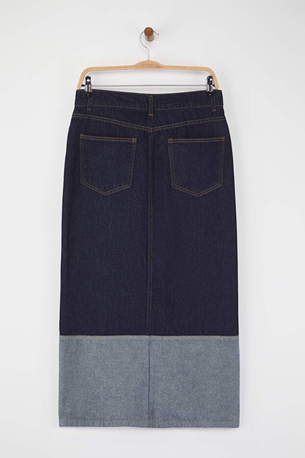 Koyu Mavi Asimetrik Kapama Midi Denim Etek TWOAW26ET00063 - 7