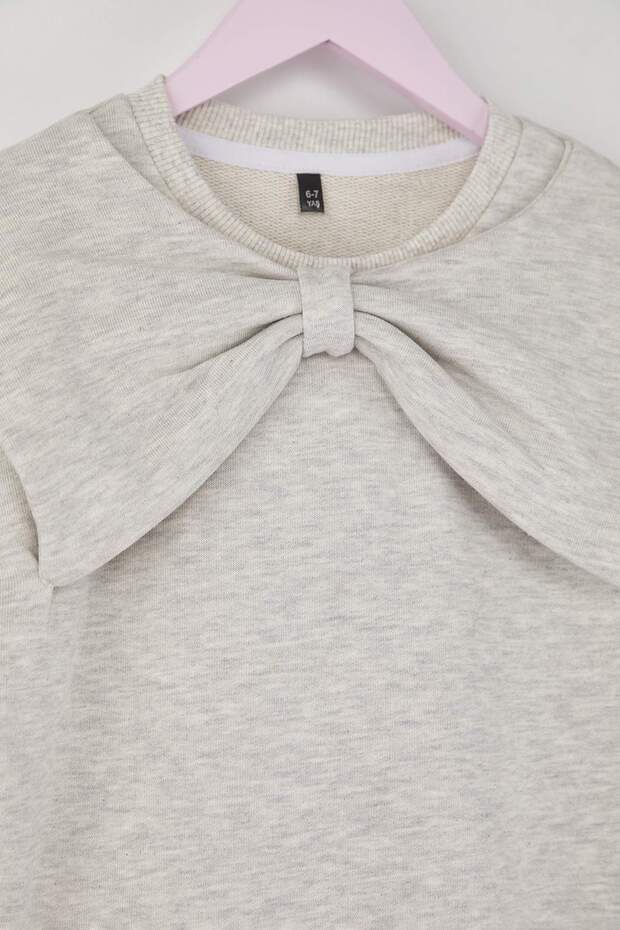 Kar Melanj Pamuklu Fiyonklu Bisiklet Yaka Oversize Örme Kız Çocuk Sweatshirt TKDAW26SW00022 - 4