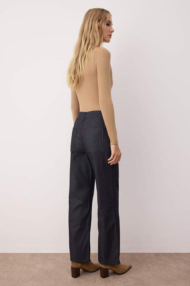 Koyu Mavi Nervür Detaylı Yüksek Bel Comfort/Esnek Wide Leg Jeans TWOAW26JE00140 - 4